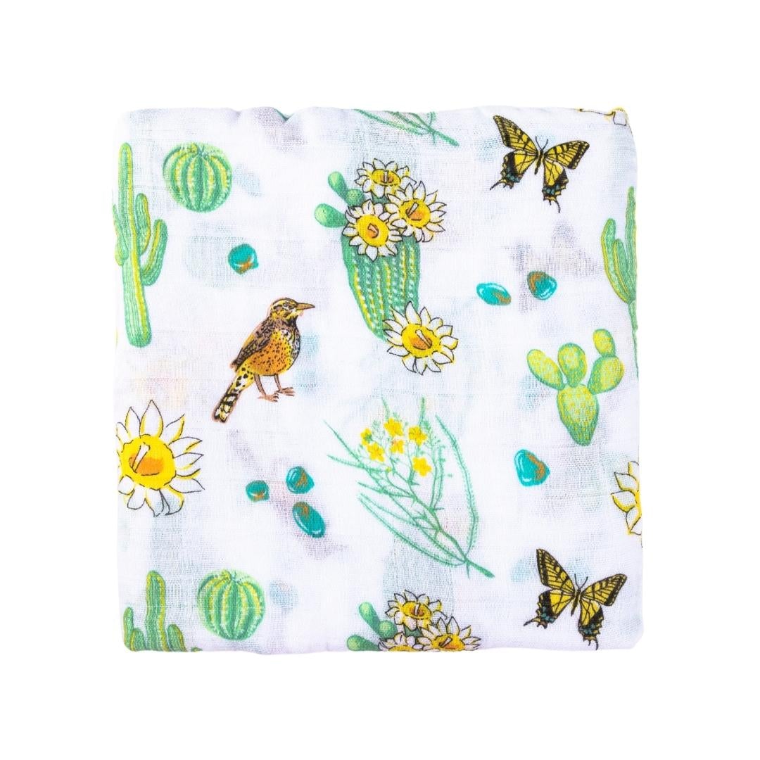 Gift Set: Cactus Blossom Baby Muslin Swaddle Blanket and Burp/Bib Combo by Little Hometown